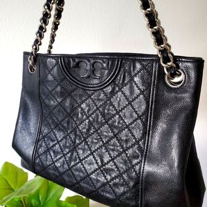 Tory Burch Black Quilted Fleming Larger Shoulder Satchel Crossbody Purse Handbag